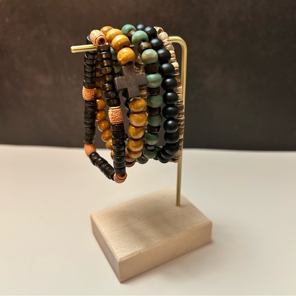 5 Piece Brown Green Black Beaded Bracelet Set - Picture 2 of 4